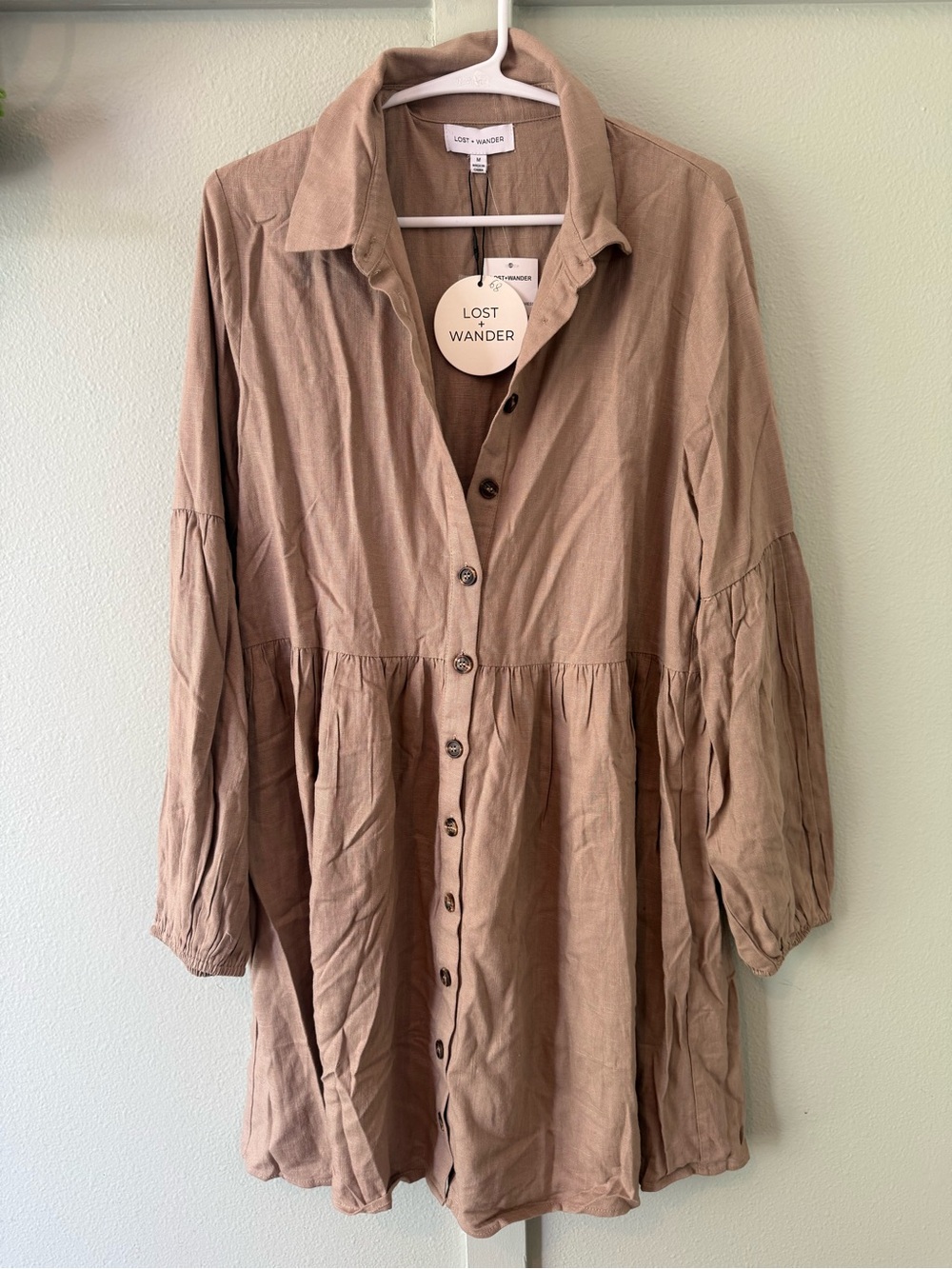 Lost + Wander Taupe Button-Front Midi Dress